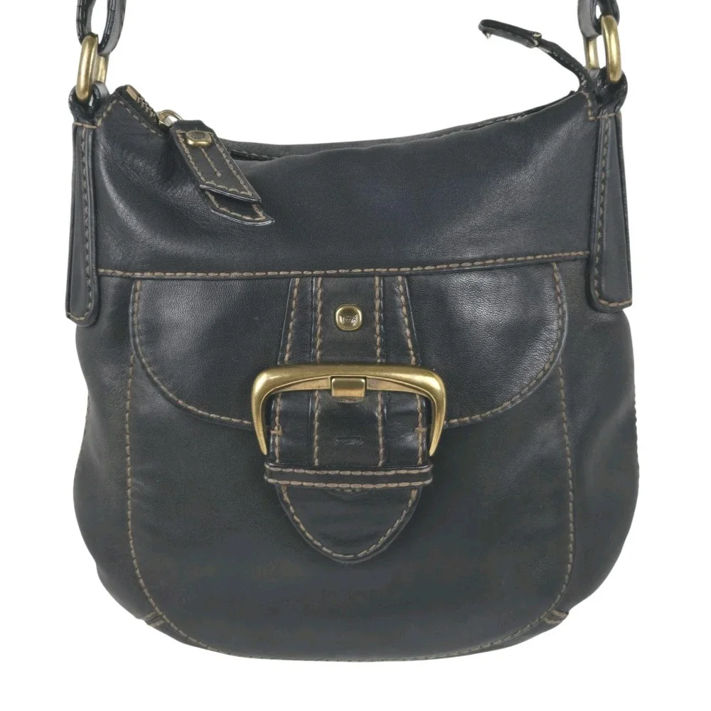 Vtg Fossil Black Leather Crossbody w Large Brass Buckle Pocket & Hardware ZB2493